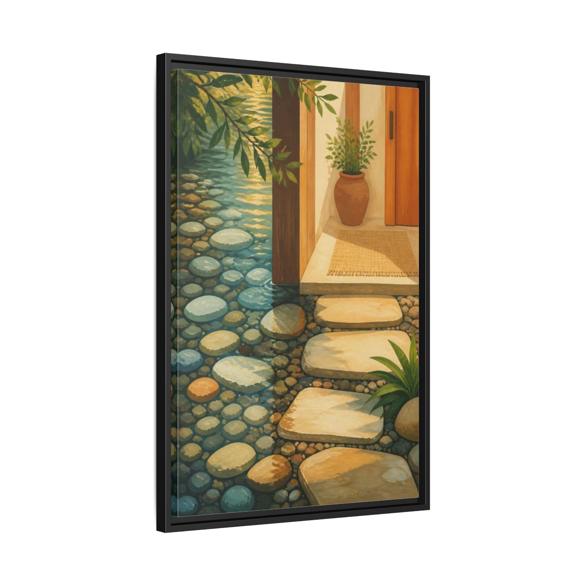 Side Mockup 14. Sunlit Stepping Stones shown as framed canvas print