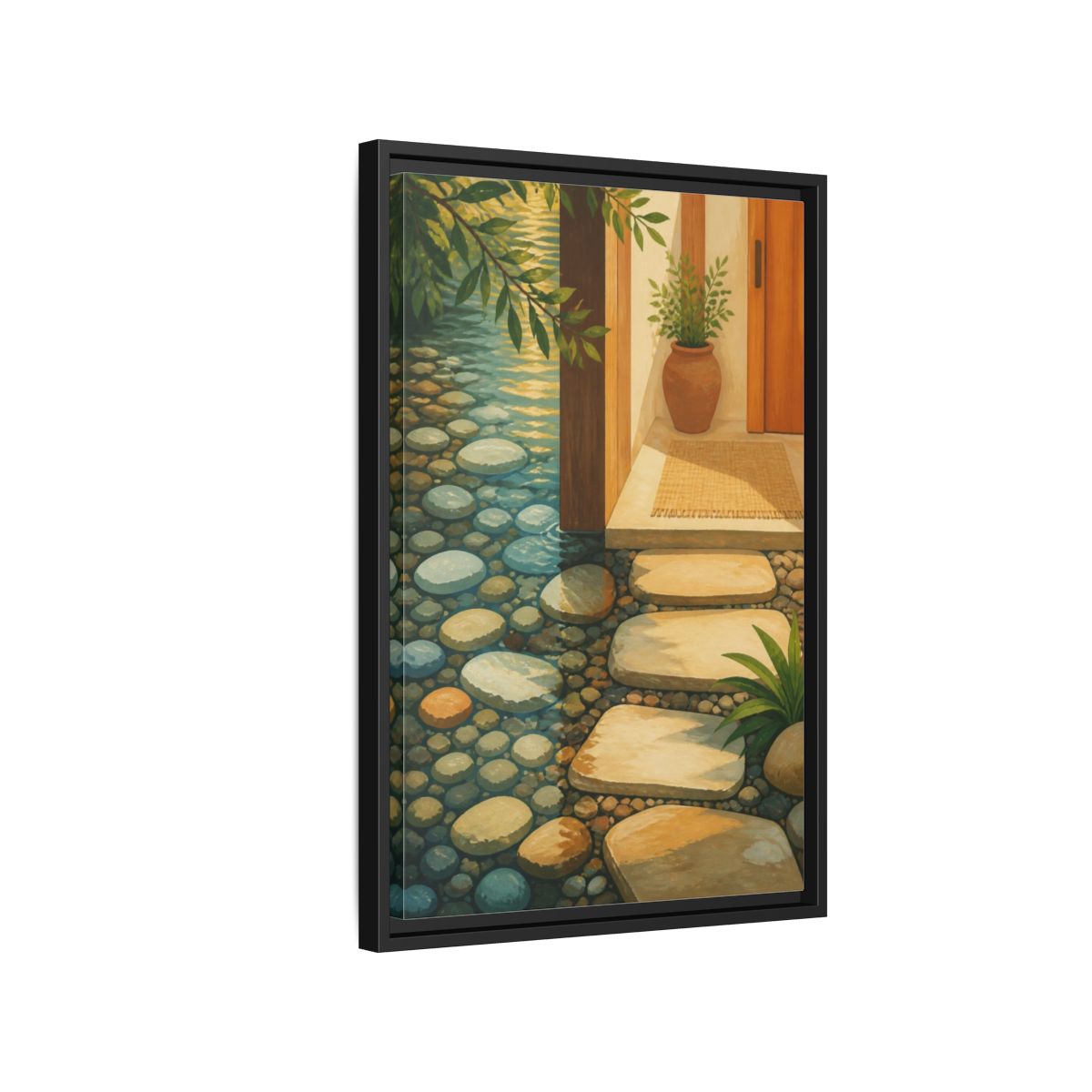 Side Mockup 3. Sunlit Stepping Stones shown as framed canvas print