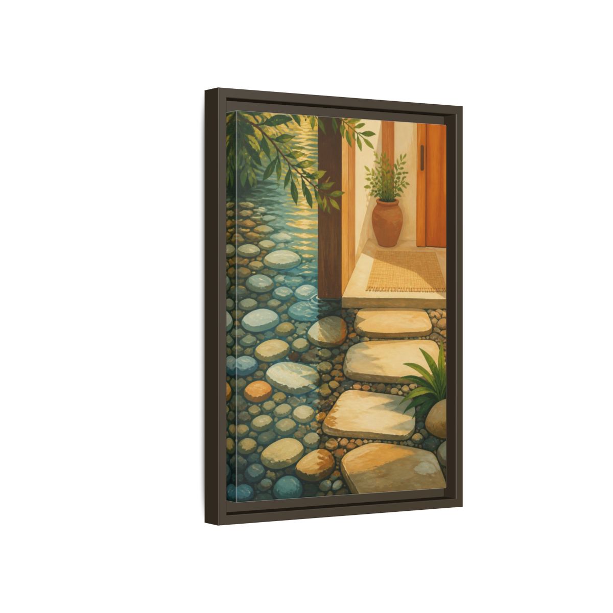 Side Mockup 5. Sunlit Stepping Stones shown as framed canvas print