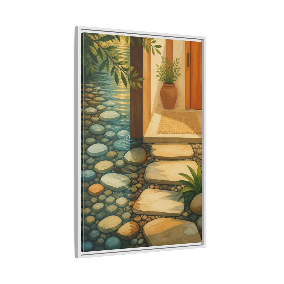 Side Mockup 9. Sunlit Stepping Stones shown as framed canvas print