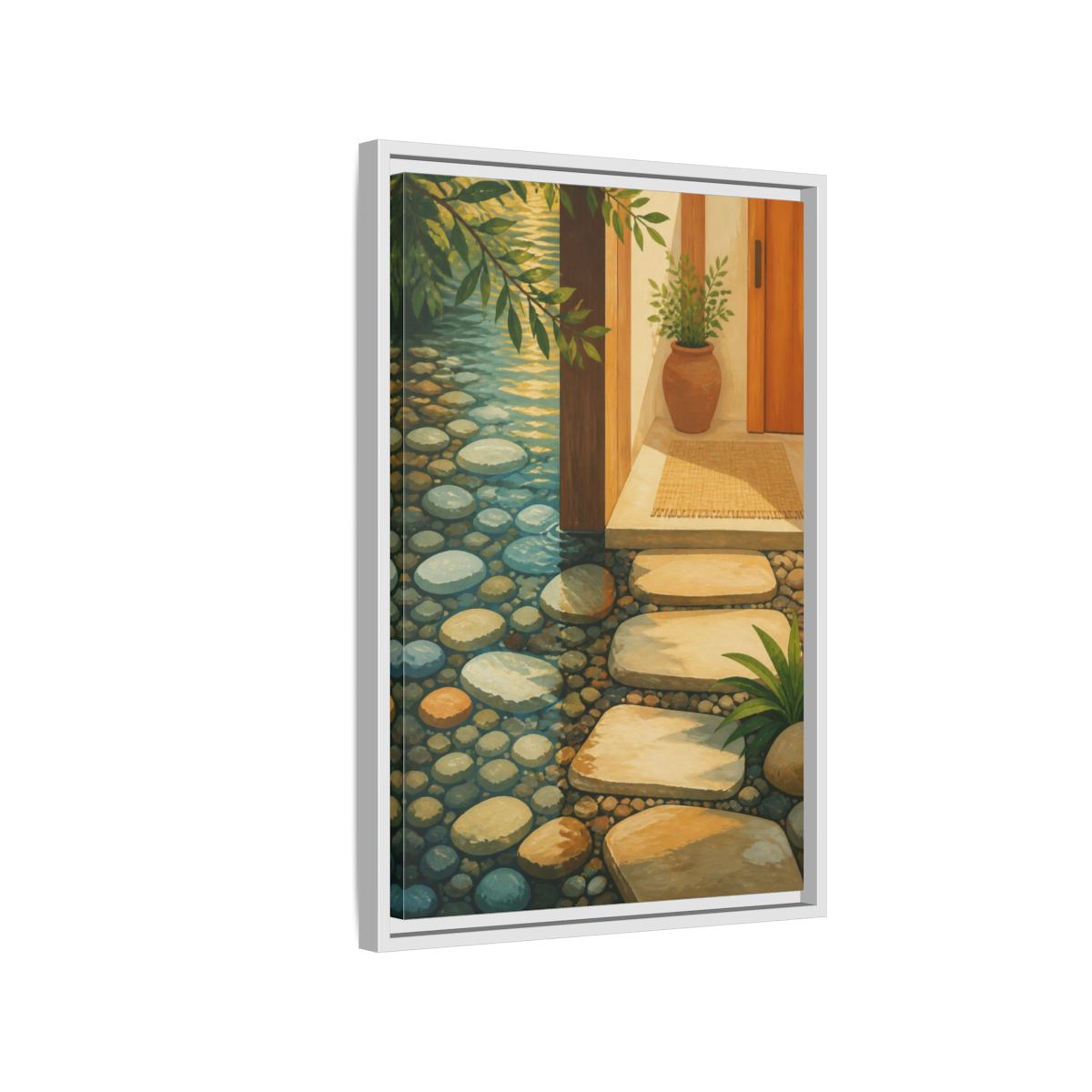 Side Mockup 1. Sunlit Stepping Stones shown as framed canvas print