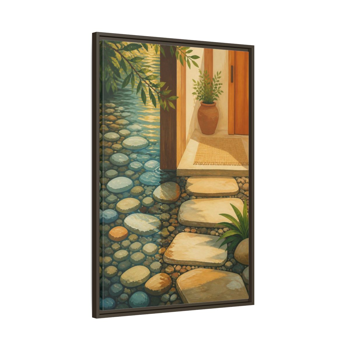 Main Mockup. Sunlit Stepping Stones shown as framed canvas print