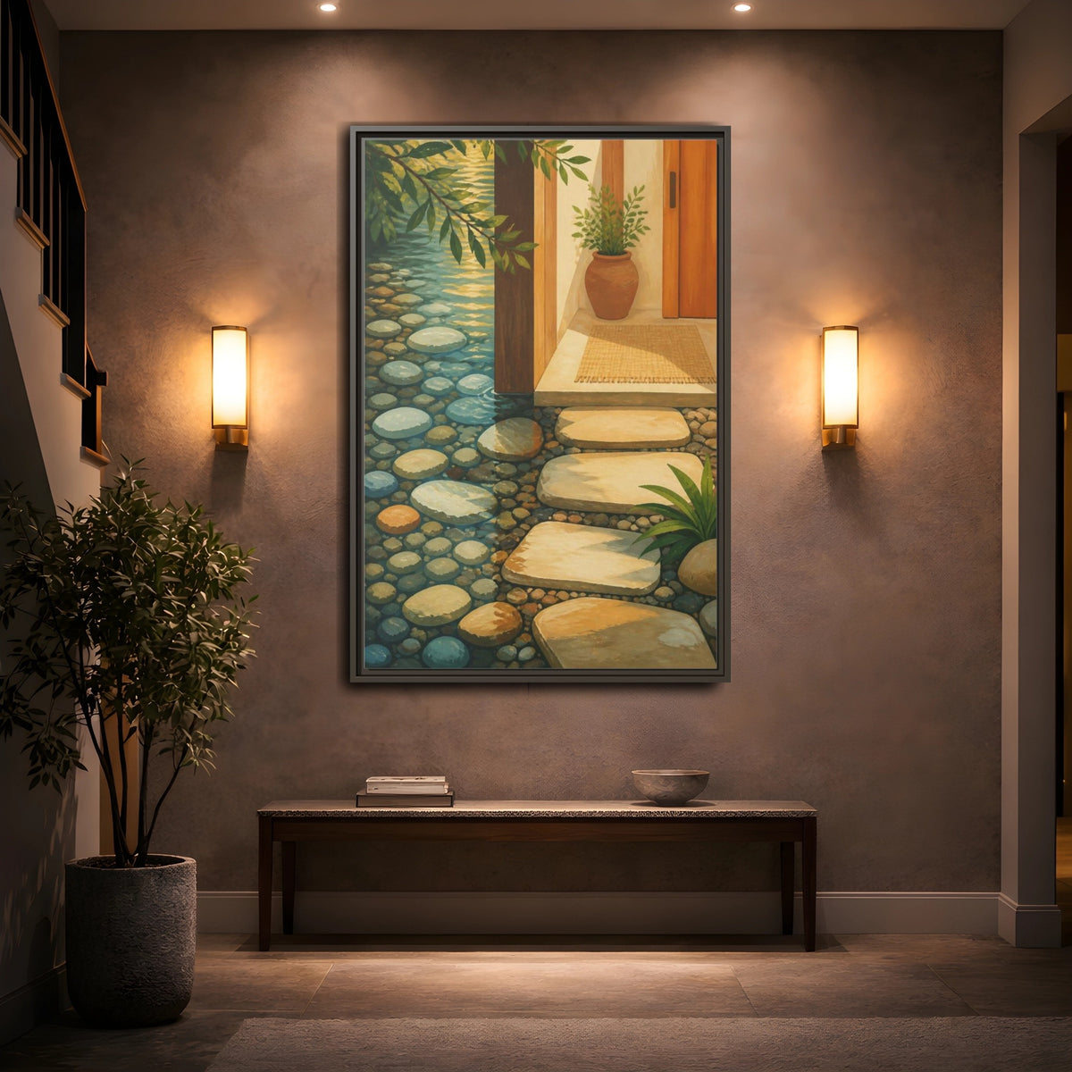 Mockup 2. Sunlit Stepping Stones shown as framed canvas print