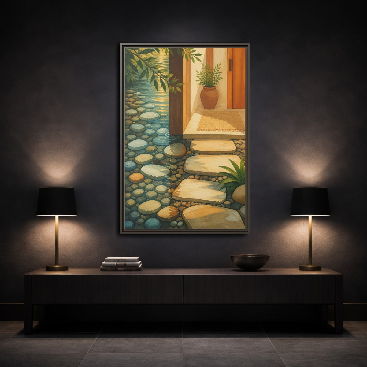 Mockup 3. Sunlit Stepping Stones shown as framed canvas print