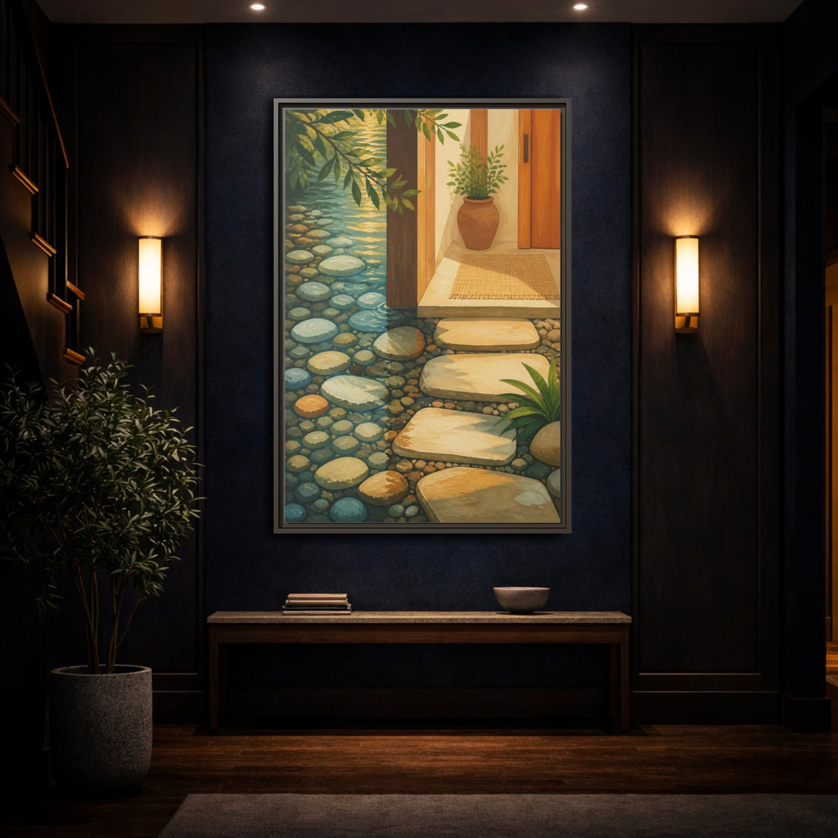 Mockup 4. Sunlit Stepping Stones shown as framed canvas print
