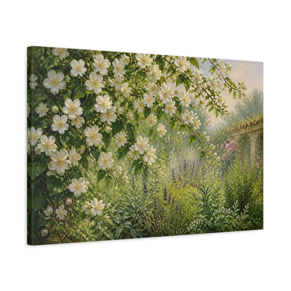 Side Mockup 2. Sunlit White Blossom Garden shown as canvas print