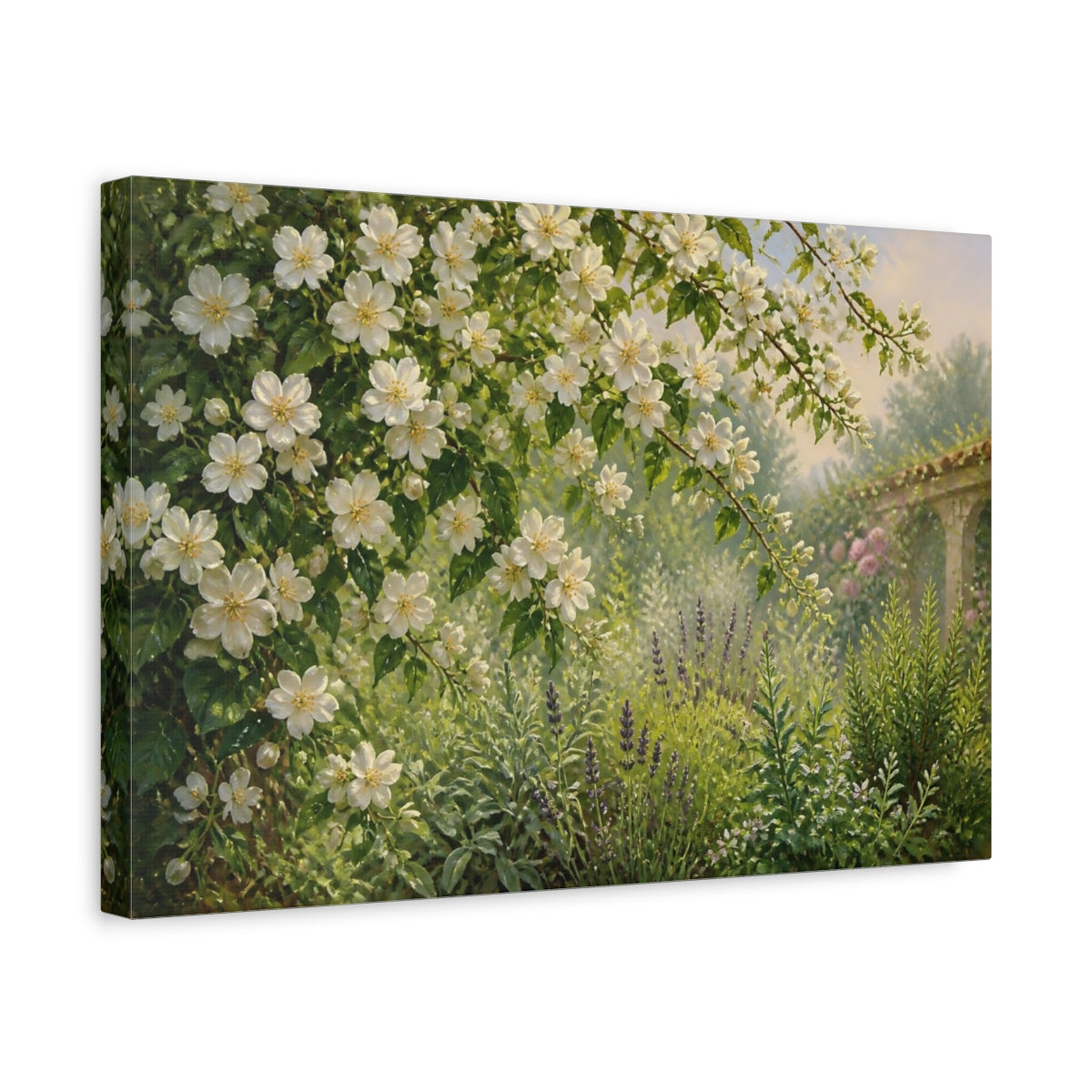 Side Mockup 4. Sunlit White Blossom Garden shown as canvas print