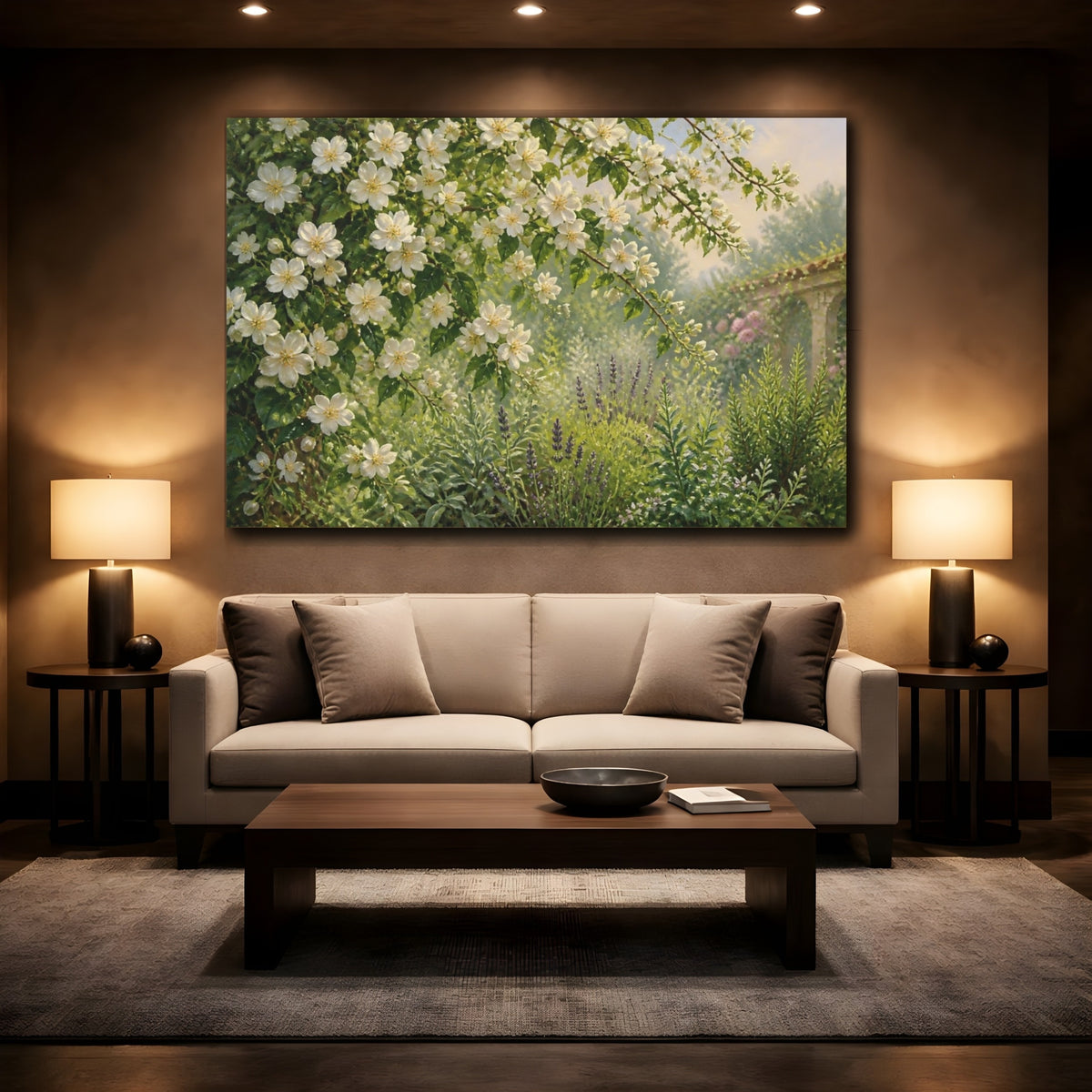 Mockup 2. Sunlit White Blossom Garden shown as canvas print