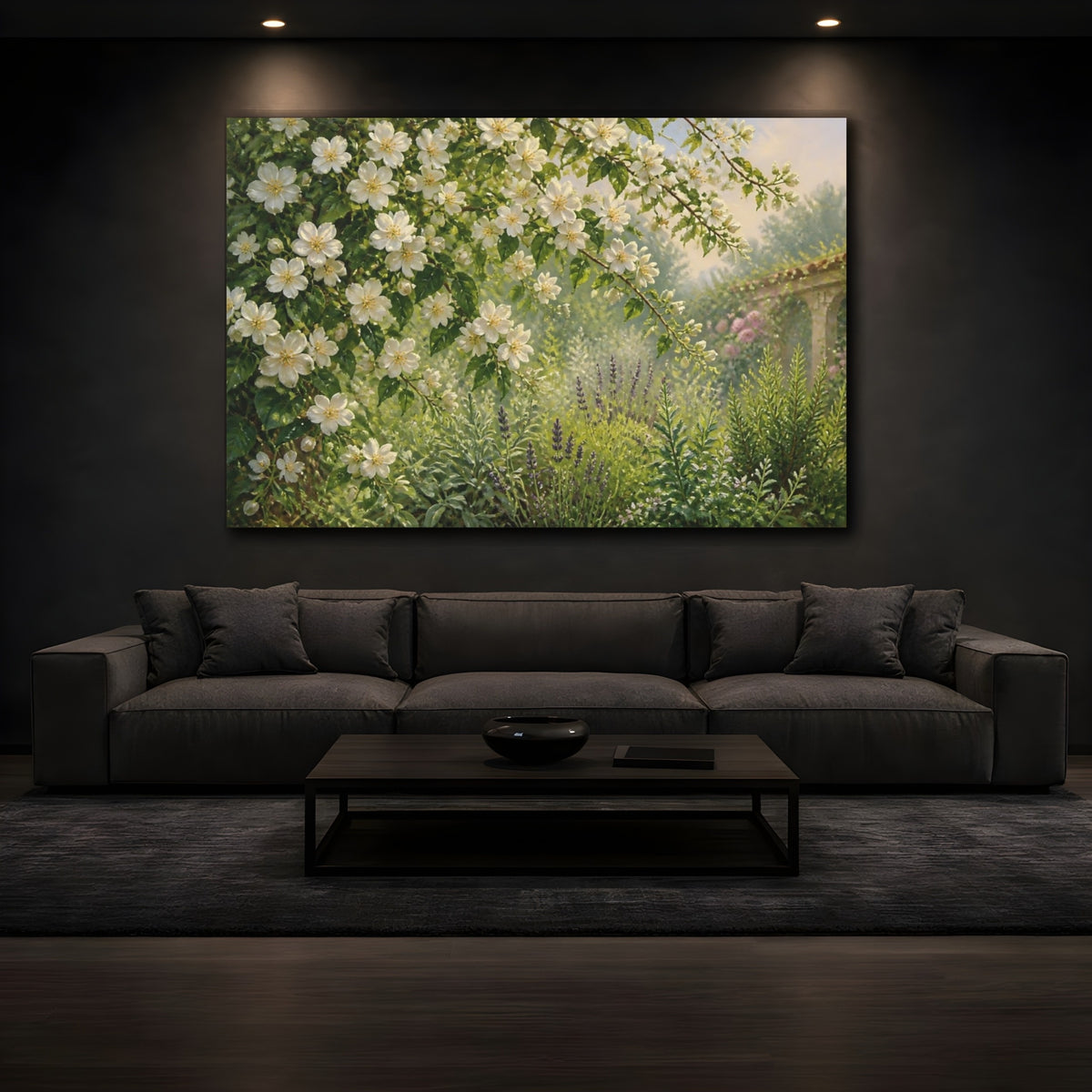 Mockup 3. Sunlit White Blossom Garden shown as canvas print