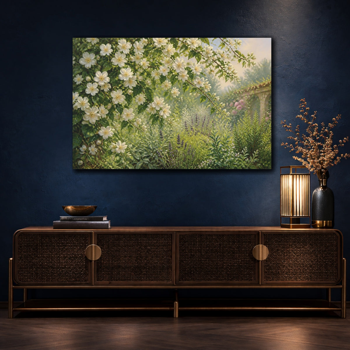 Mockup 4. Sunlit White Blossom Garden shown as canvas print