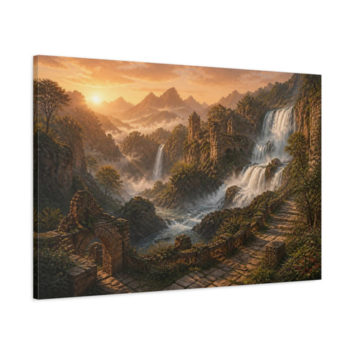 Main Mockup. Sunrise Waterfall Landscape shown as canvas print