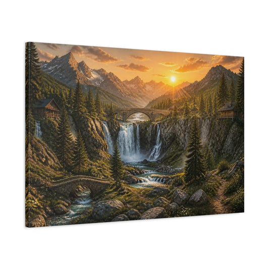 Main Mockup. Sunrise Waterfall Landscape shown as canvas print