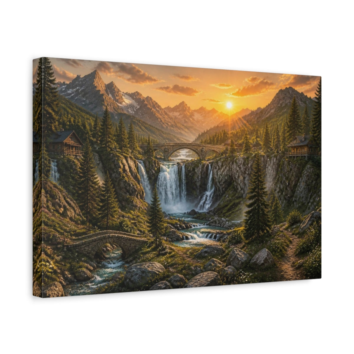 Side Mockup 4. Sunrise Waterfall Landscape shown as canvas print