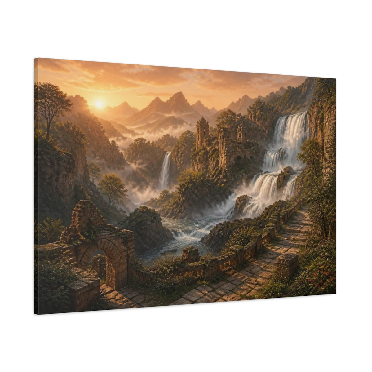Side Mockup 1. Sunrise Waterfall Landscape shown as canvas print