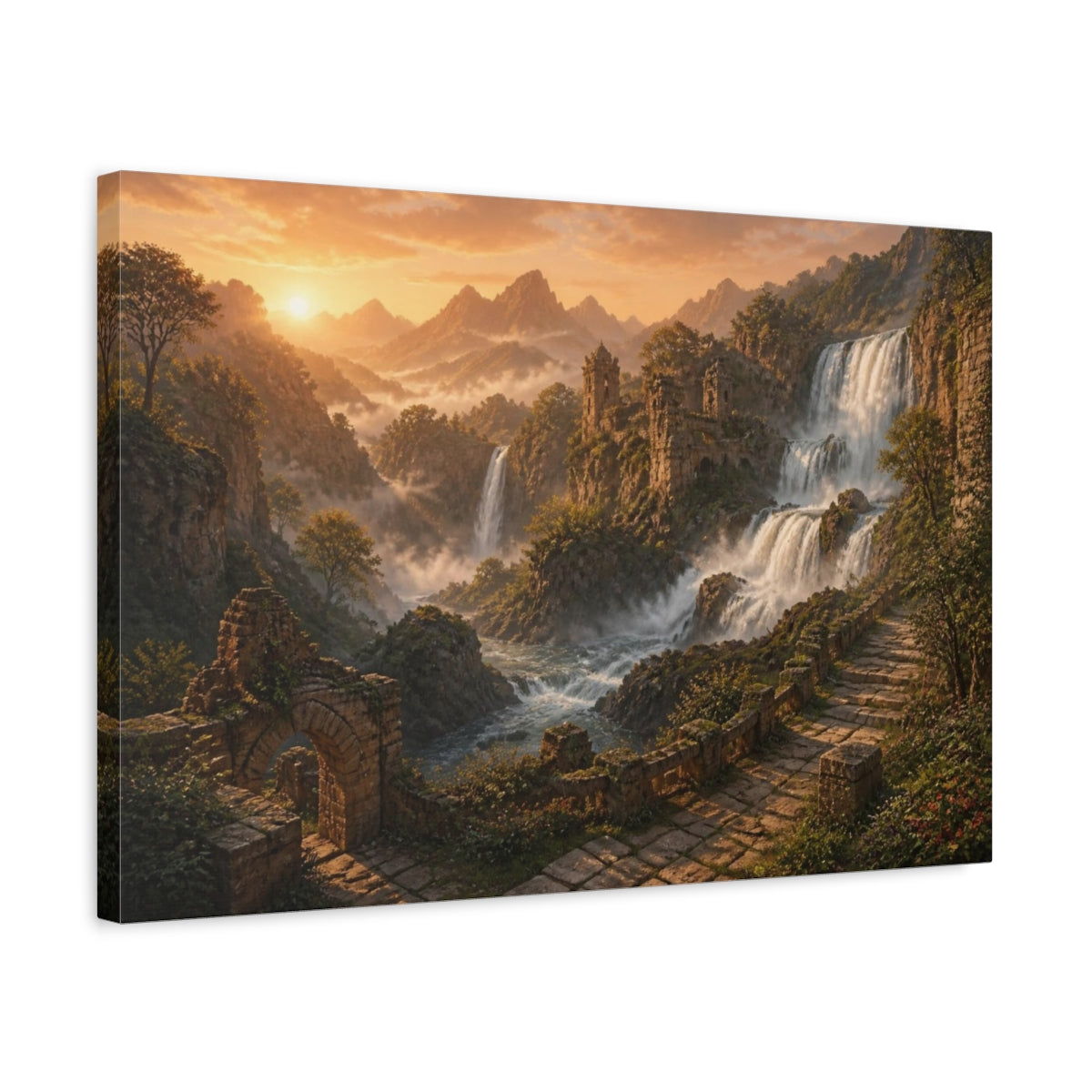 Side Mockup 3. Sunrise Waterfall Landscape shown as canvas print