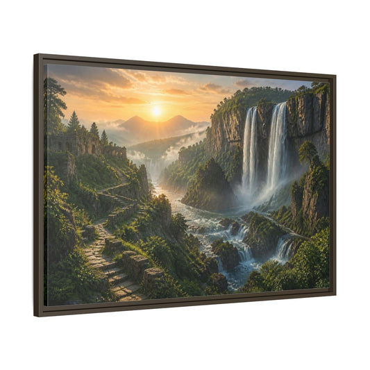 Main Mockup. Sunrise Waterfall Landscape Pathway shown as framed canvas print