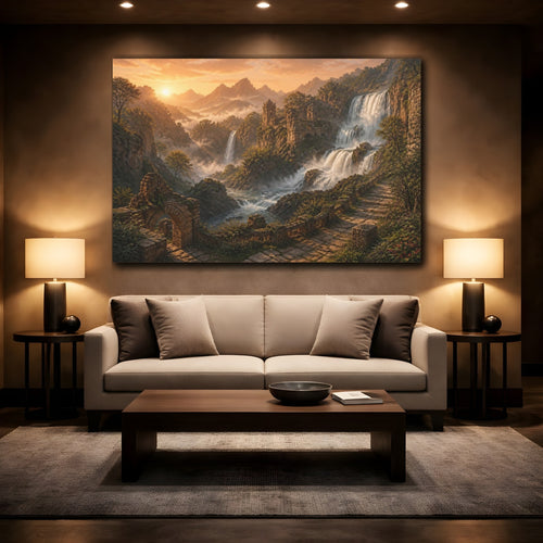 Mockup 2. Sunrise Waterfall Landscape shown as canvas print