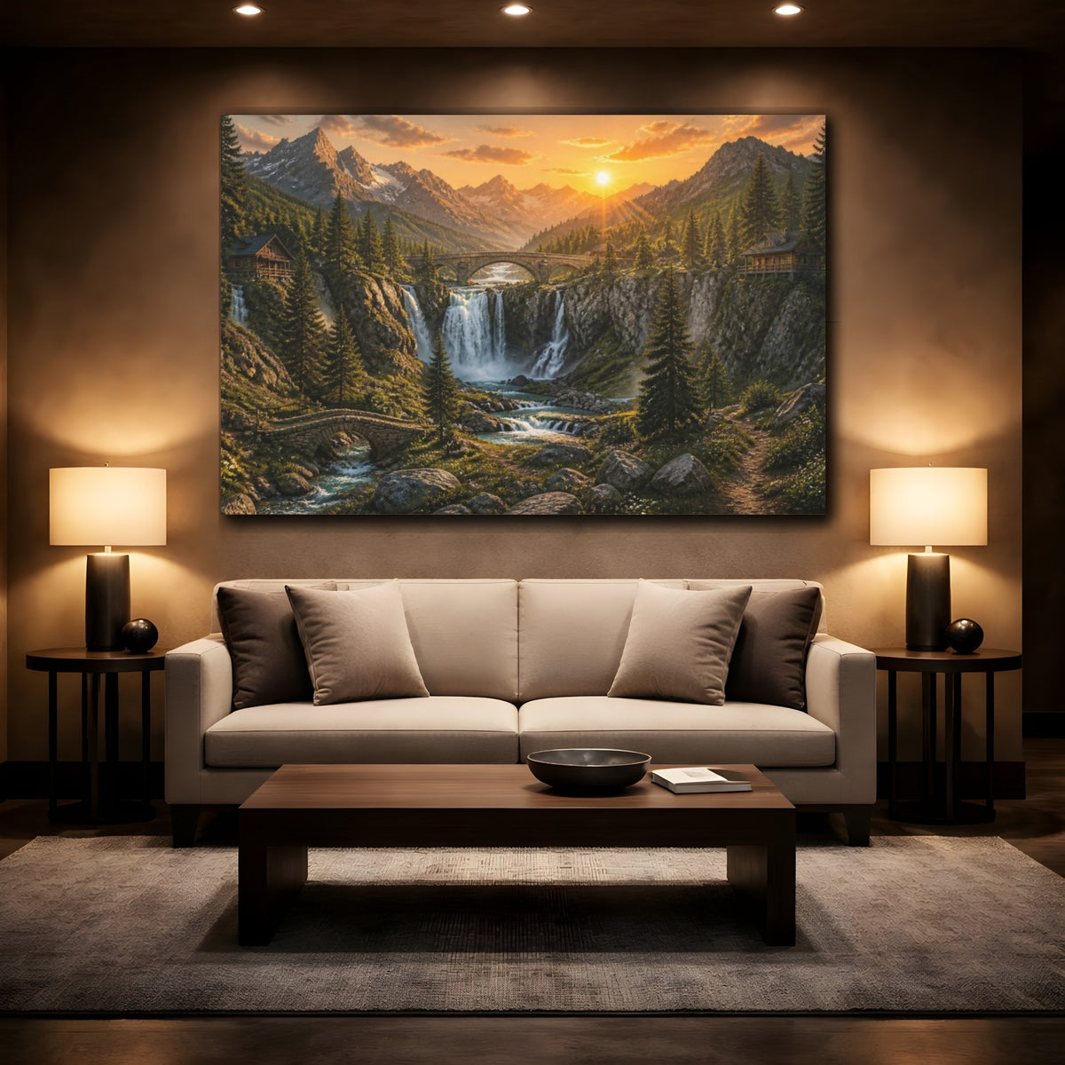 Mockup 2. Sunrise Waterfall Landscape shown as canvas print