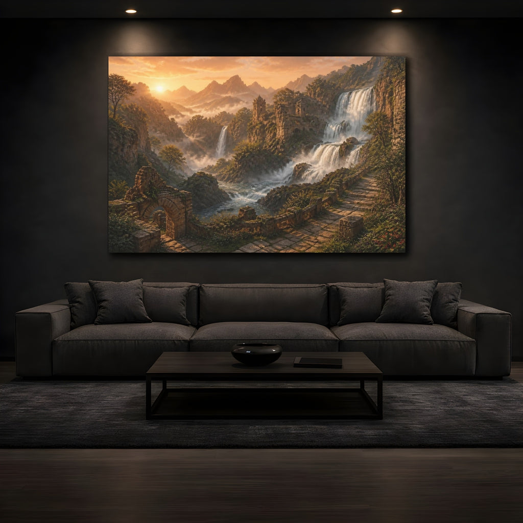 Mockup 3. Sunrise Waterfall Landscape shown as canvas print