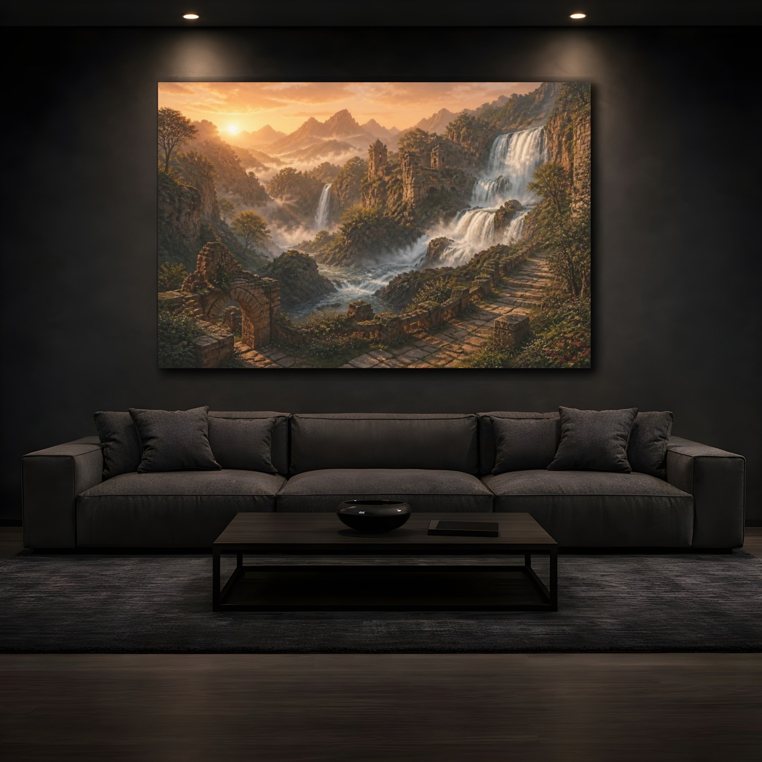 Mockup 3. Sunrise Waterfall Landscape shown as canvas print