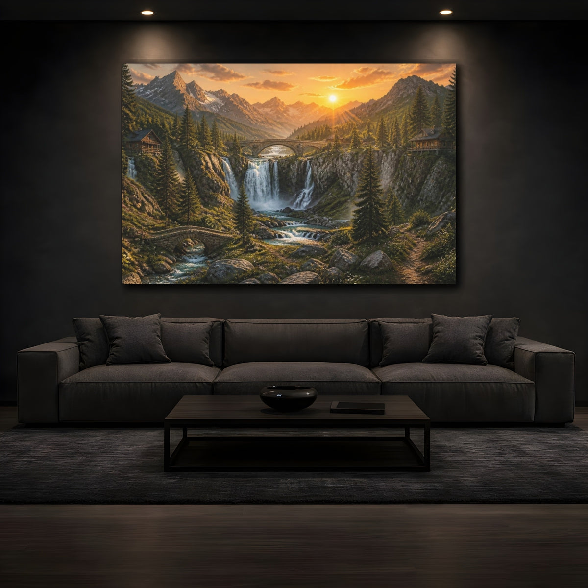 Mockup 3. Sunrise Waterfall Landscape shown as canvas print