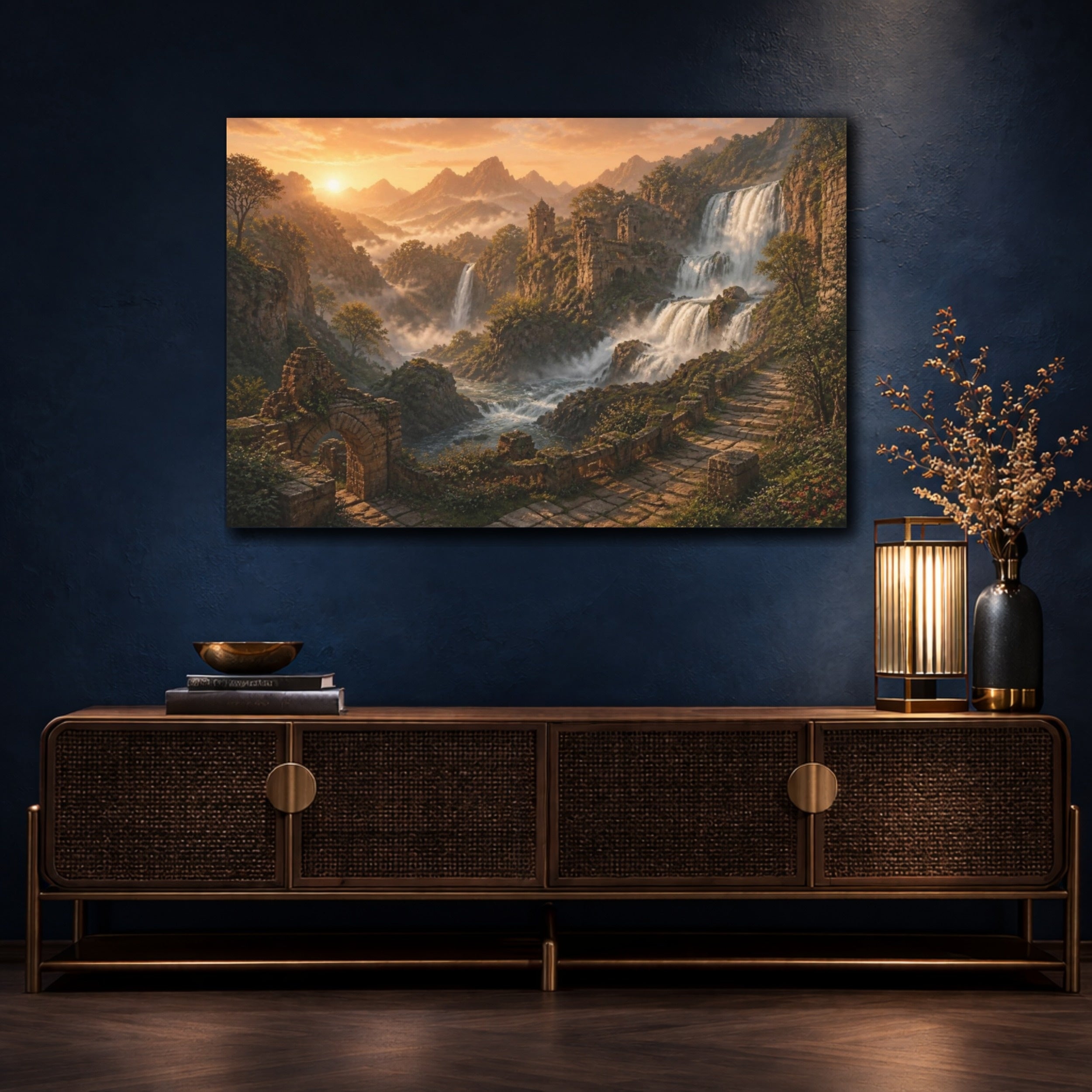 Mockup 4. Sunrise Waterfall Landscape shown as canvas print