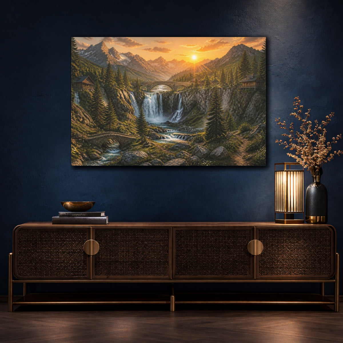 Mockup 4. Sunrise Waterfall Landscape shown as canvas print