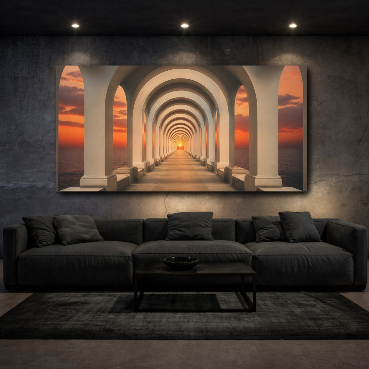 Mockup 3. Sunset Archway Corridor shown as canvas print
