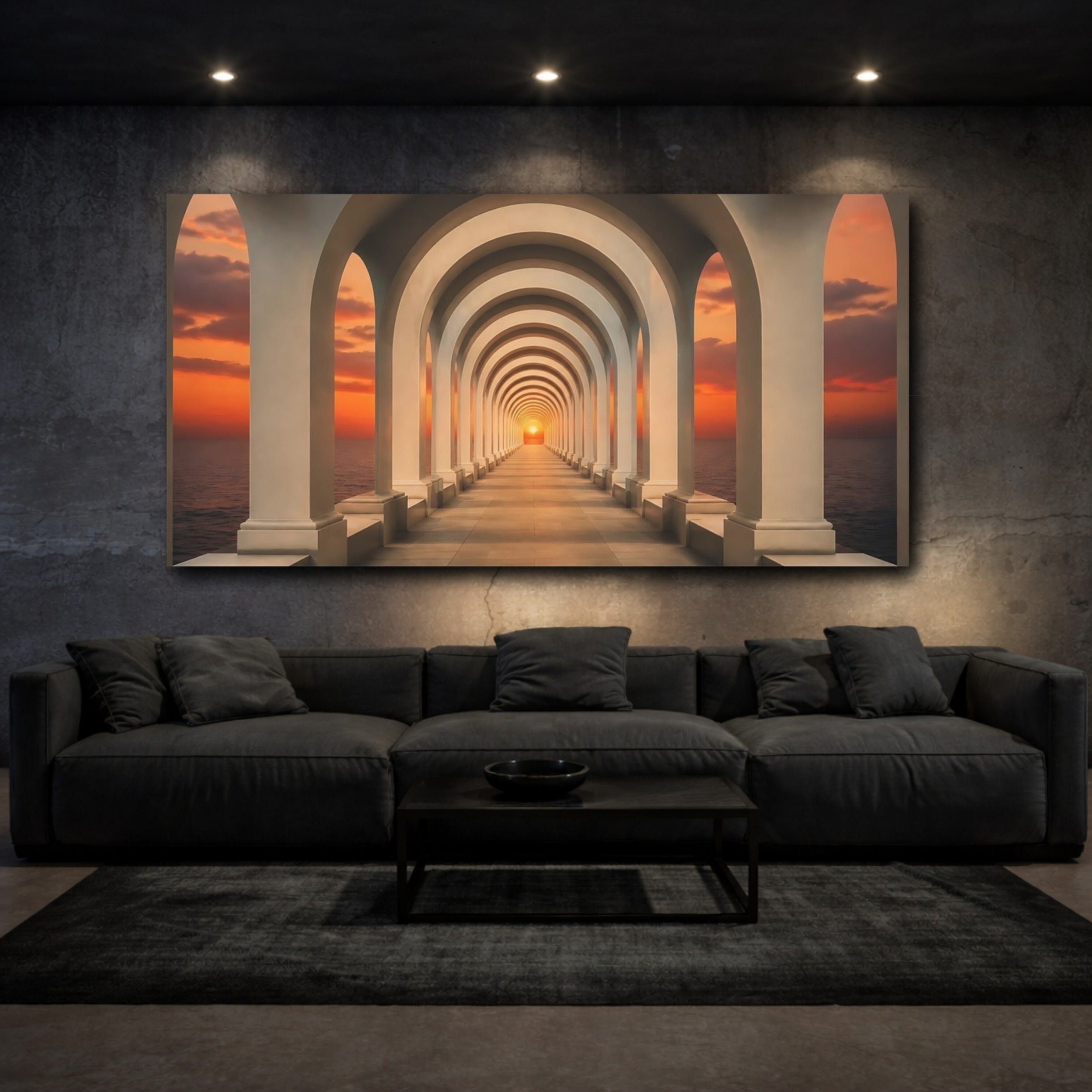Mockup 3. Sunset Archway Corridor shown as canvas print