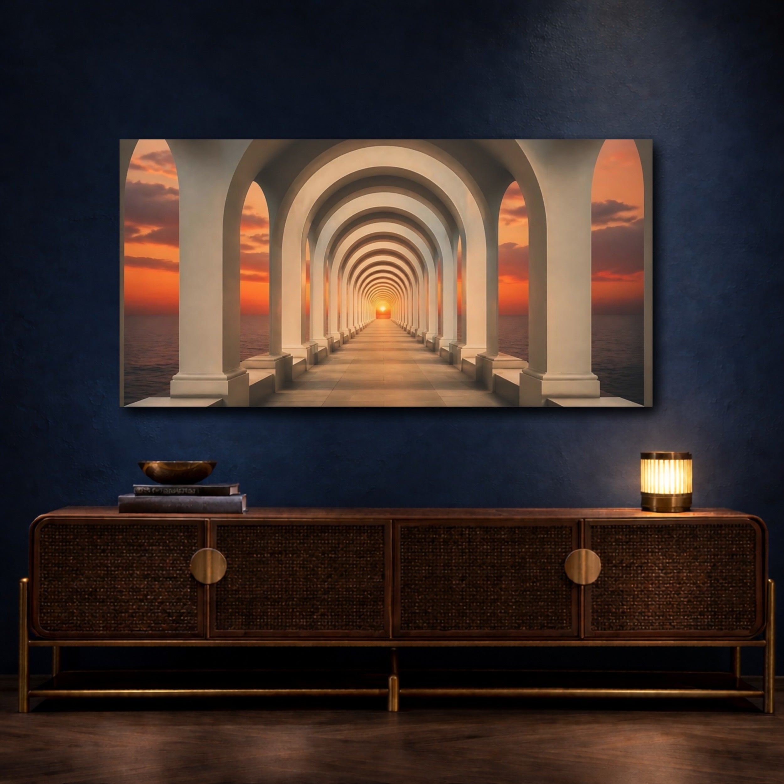 Mockup 4. Sunset Archway Corridor shown as canvas print