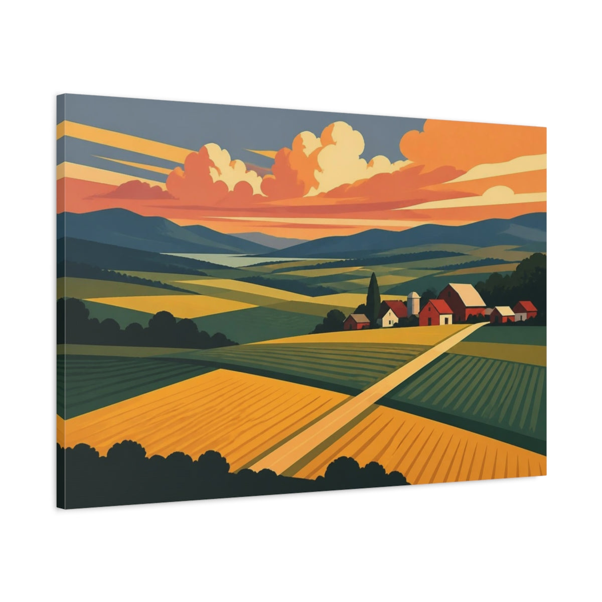 Main Mockup. Sunset Barn Landscape shown as canvas print