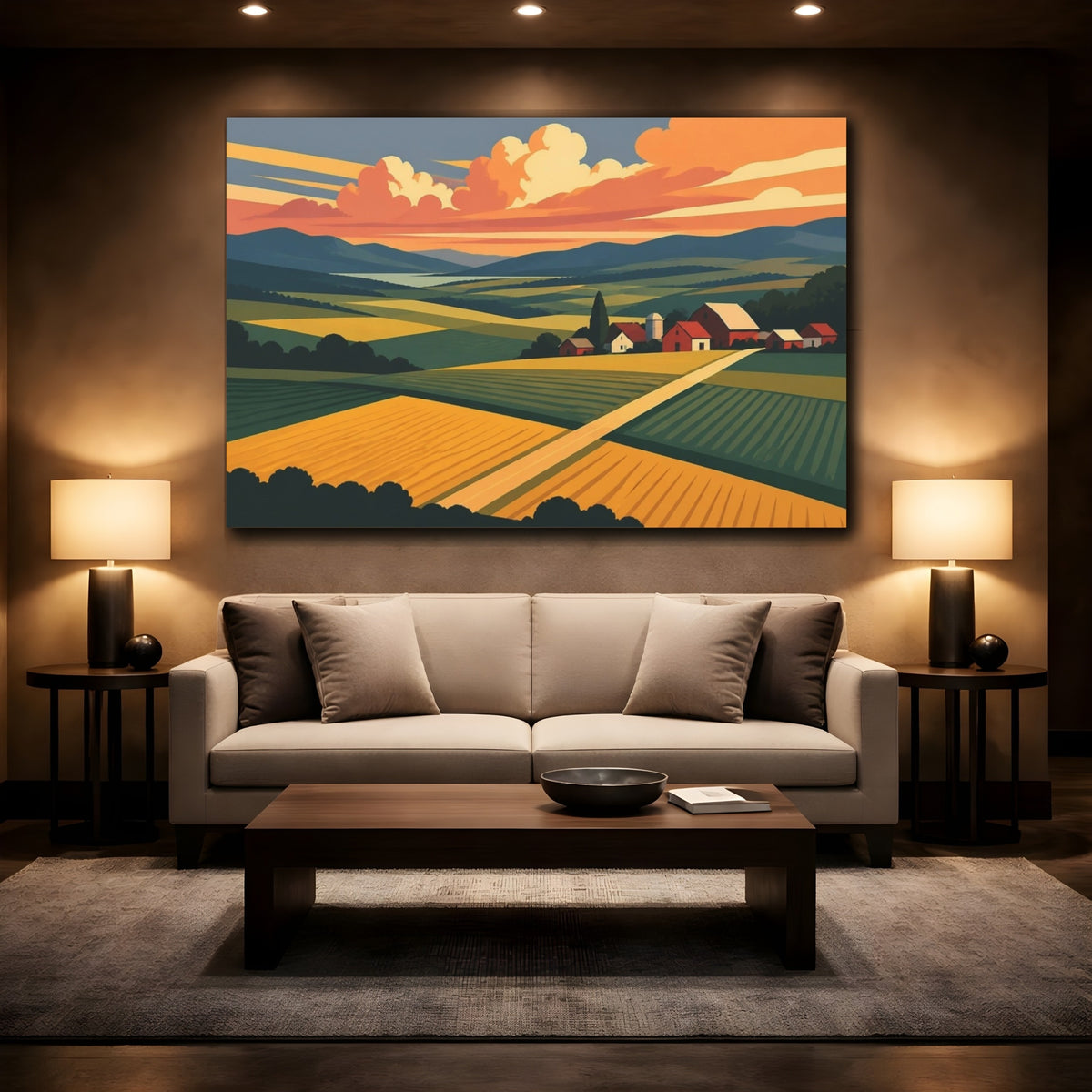 Mockup 2. Sunset Barn Landscape shown as canvas print