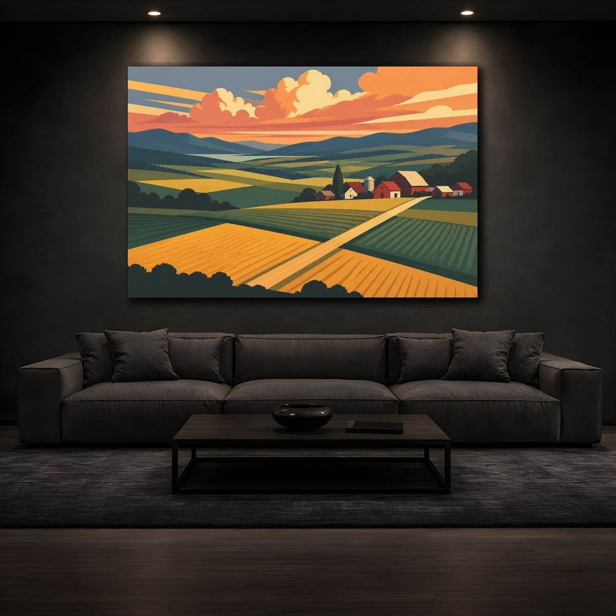 Mockup 3. Sunset Barn Landscape shown as canvas print