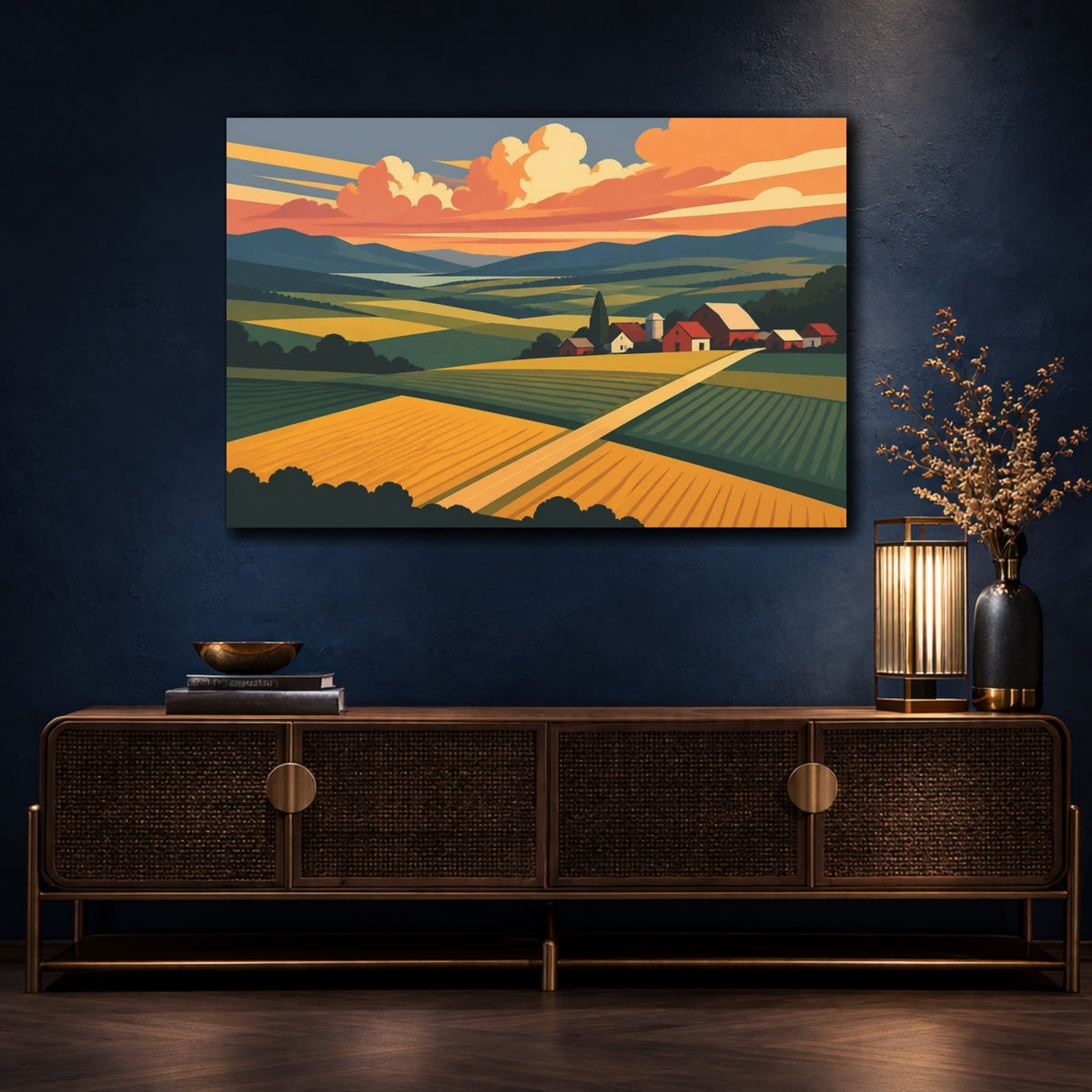 Mockup 4. Sunset Barn Landscape shown as canvas print
