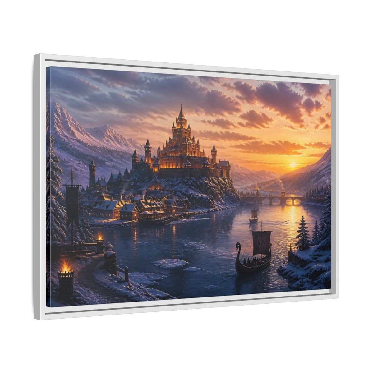 Side Mockup 10. Sunset Castle By River shown as framed canvas print