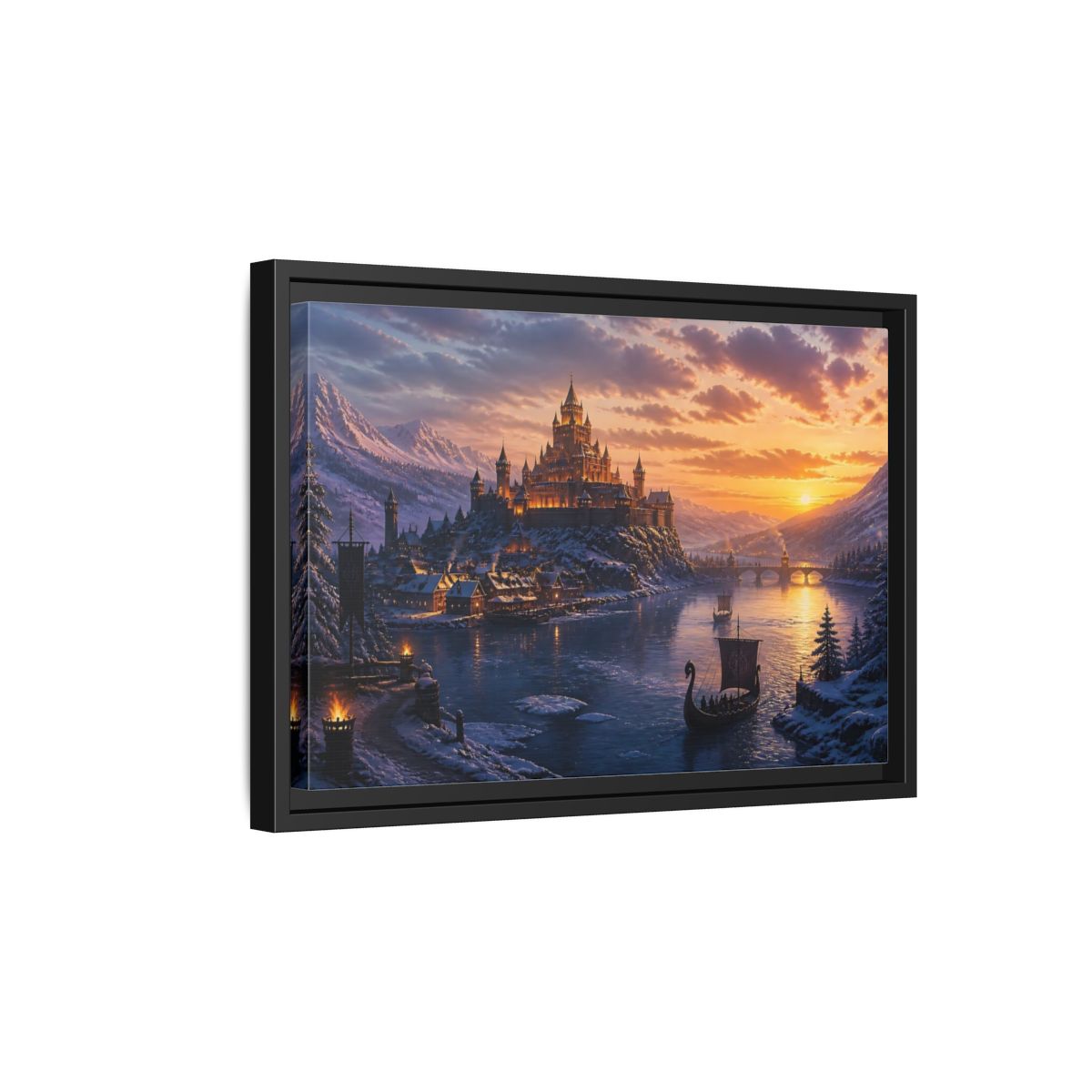 Side Mockup 6. Sunset Castle By River shown as framed canvas print