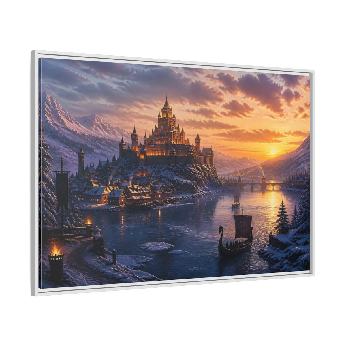 Side Mockup 7. Sunset Castle By River shown as framed canvas print