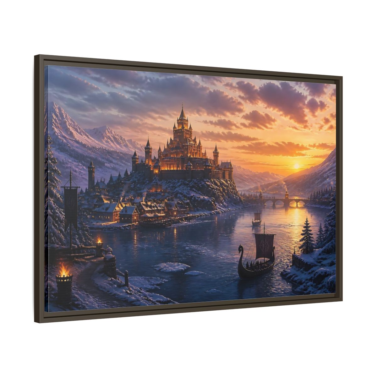 Main Mockup. Sunset Castle By River shown as framed canvas print