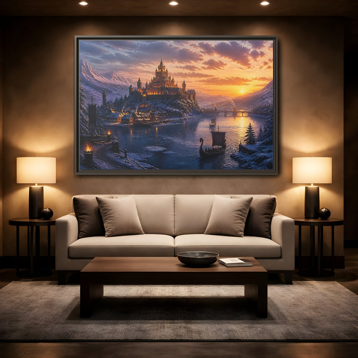 Mockup 2. Sunset Castle By River shown as framed canvas print