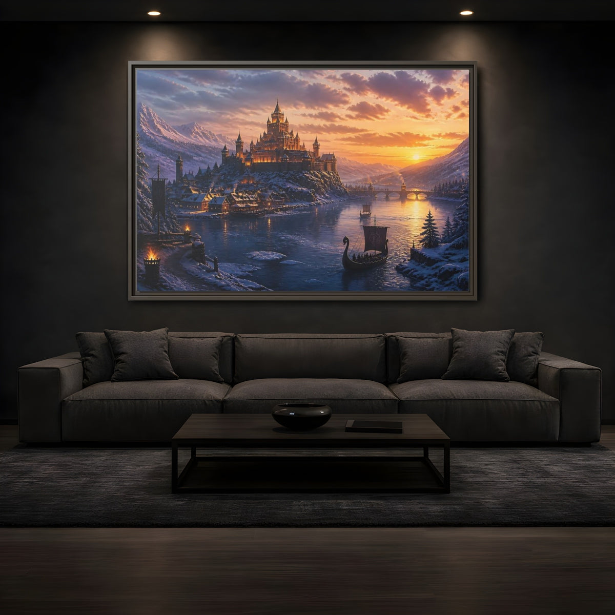Mockup 3. Sunset Castle By River shown as framed canvas print