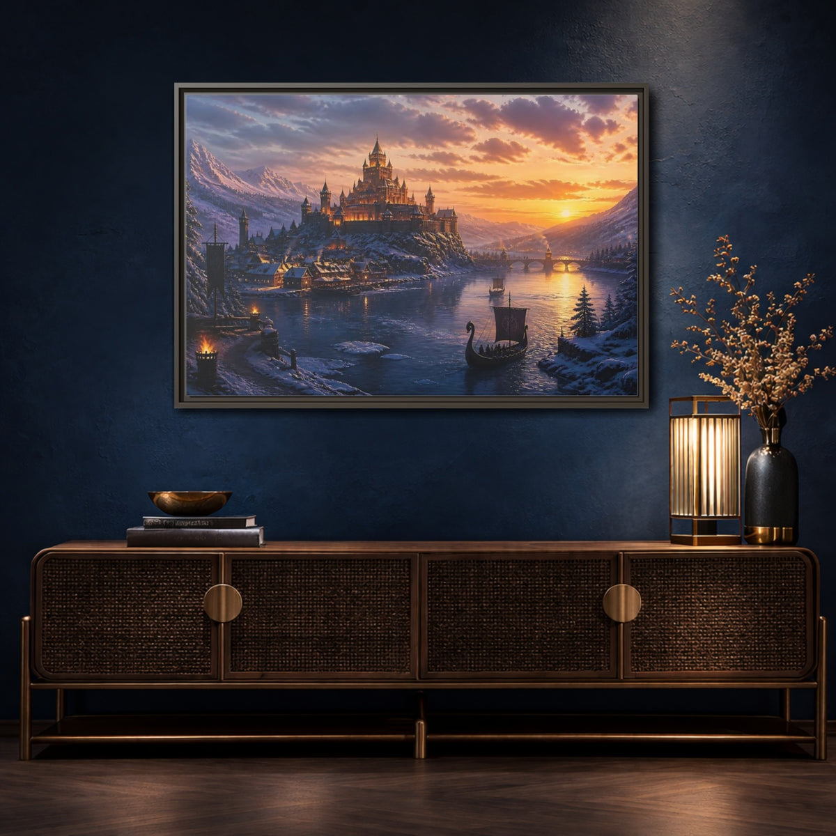 Mockup 4. Sunset Castle By River shown as framed canvas print