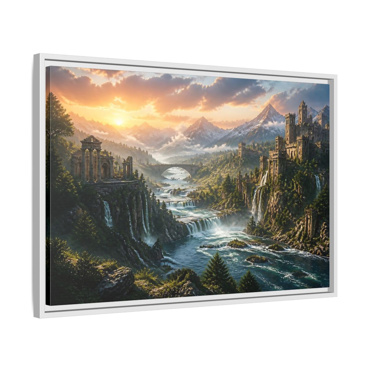 Side Mockup 10. Sunset Castle Ruins shown as framed canvas print