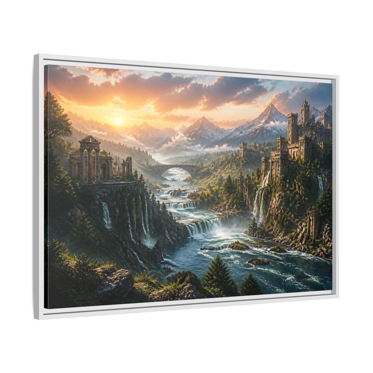 Side Mockup 9. Sunset Castle Ruins shown as framed canvas print