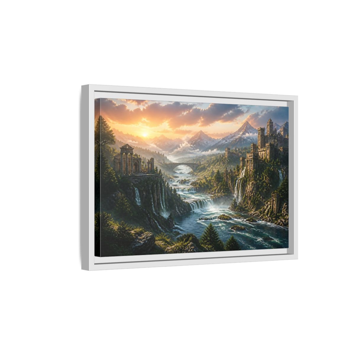Side Mockup 4. Sunset Castle Ruins shown as framed canvas print