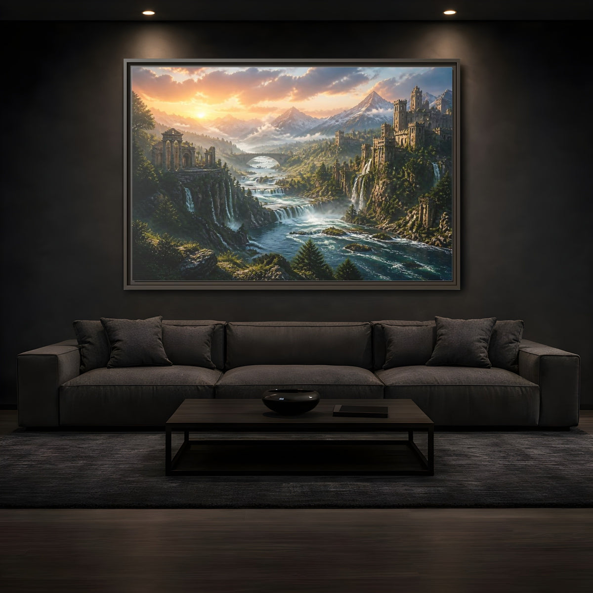 Mockup 3. Sunset Castle Ruins shown as framed canvas print