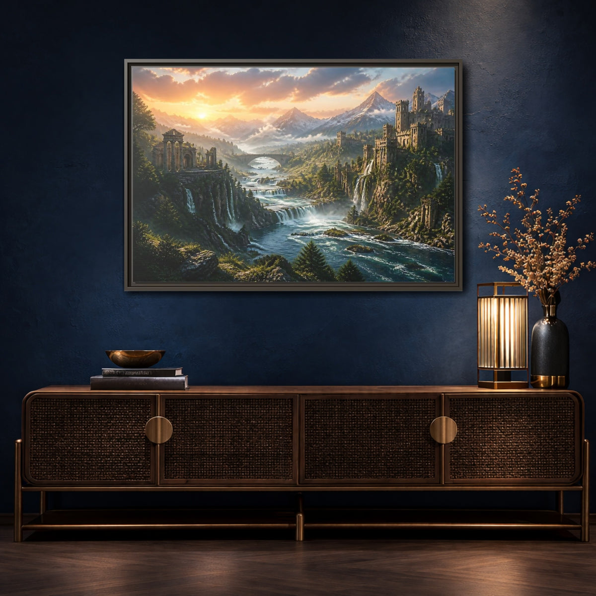 Mockup 4. Sunset Castle Ruins shown as framed canvas print