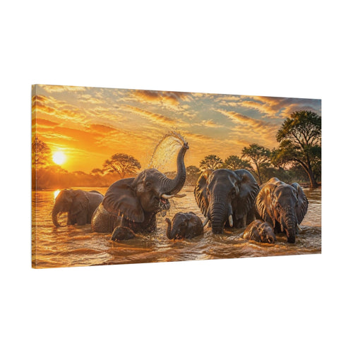 Main Mockup. Sunset Elephants Wild Animals shown as canvas print