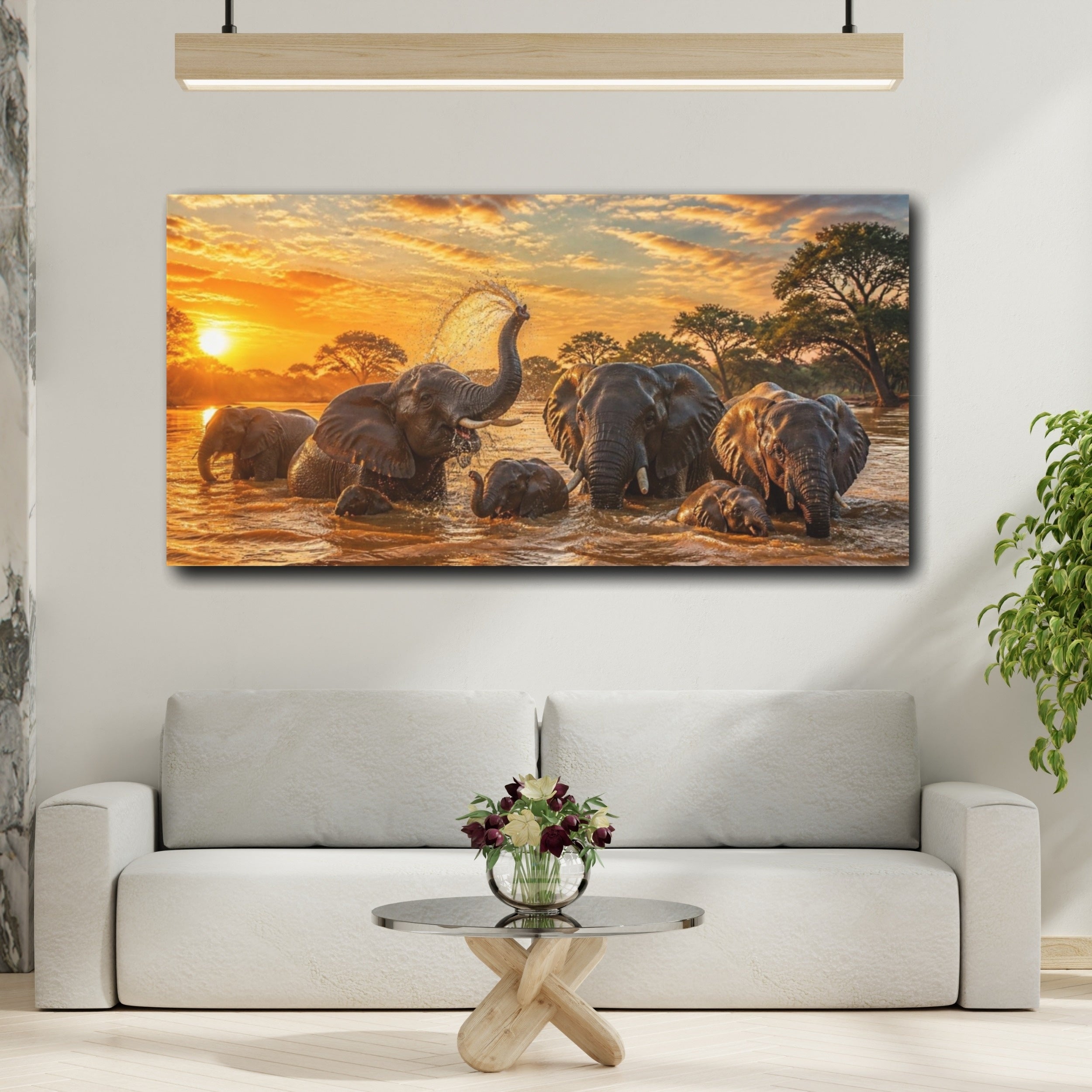 Mockup 2. Sunset Elephants Wild Animals shown as canvas print