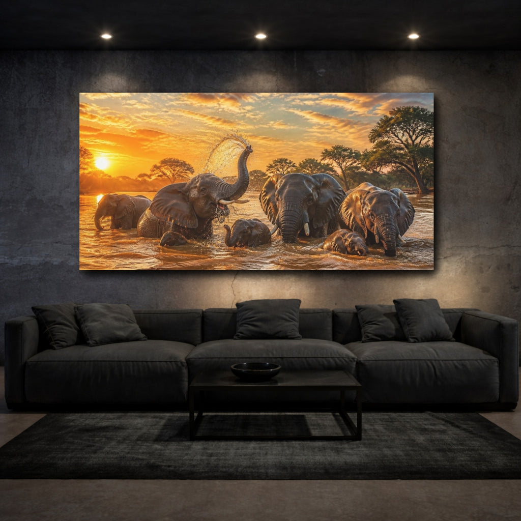 Mockup 3. Sunset Elephants Wild Animals shown as canvas print