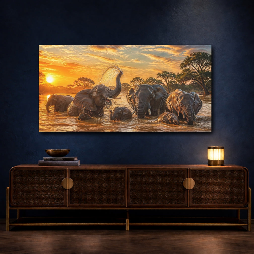 Mockup 4. Sunset Elephants Wild Animals shown as canvas print